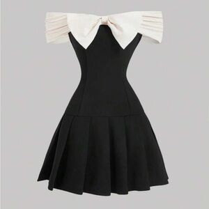 Black and Cream Fit and Flare Mini Dress with Off-the-Shoulder Sailor Collar